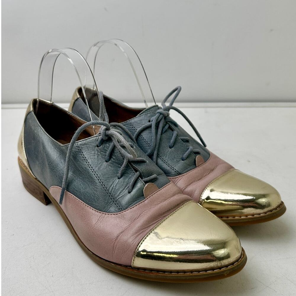Tri-Color Leather Metallic Cap Toe Oxford Shoes Women's Sz 9